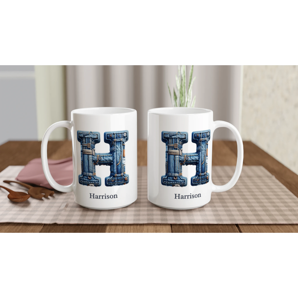 Personalise - Blue Denim Initial - White 15oz Ceramic Mug Personalised 15oz Mug customise Globally Fulfilled Initial Name personalise