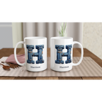 Personalise - Blue Denim Initial - White 15oz Ceramic Mug Personalised 15oz Mug customise Globally Fulfilled Initial Name personalise
