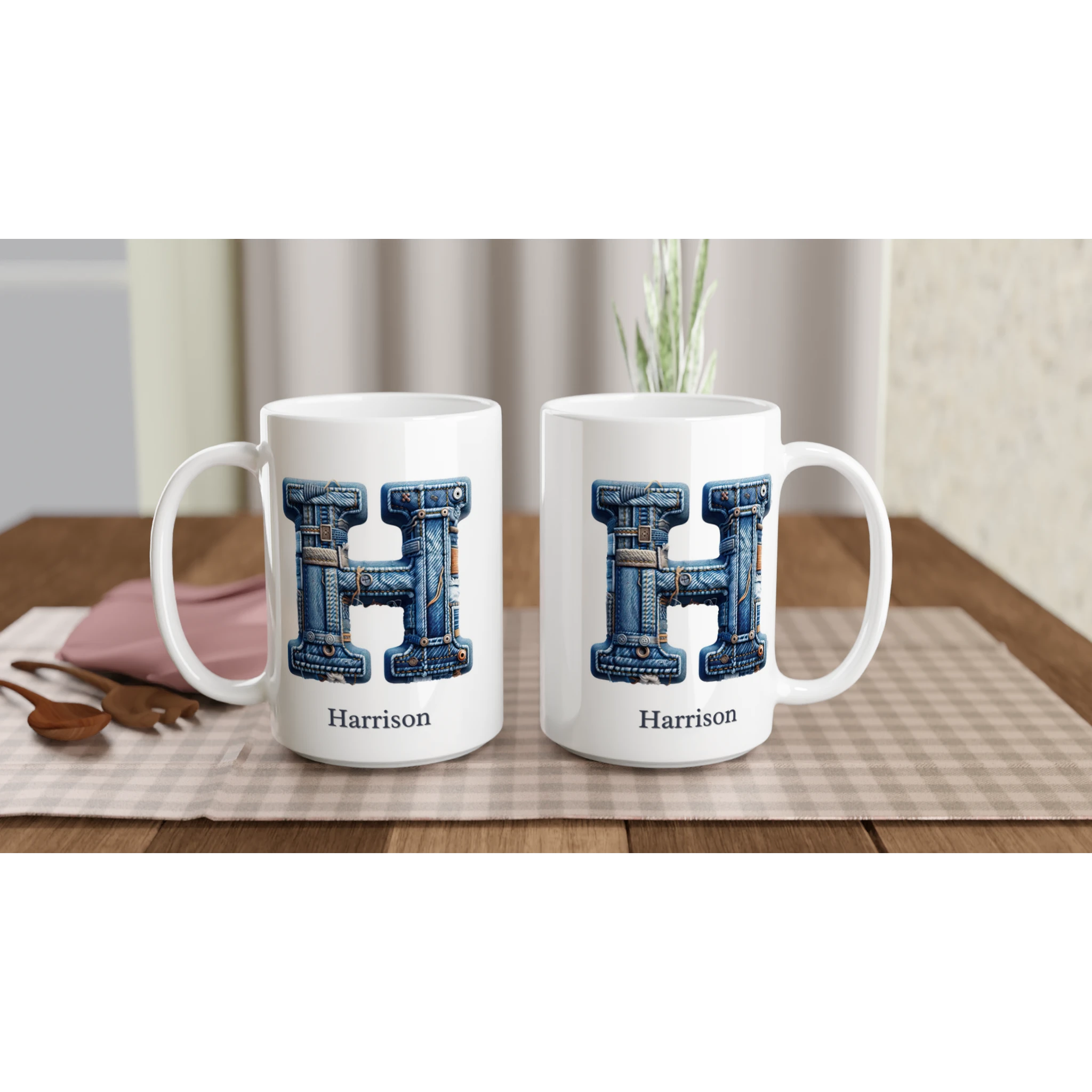 Personalise - Blue Denim Initial - White 15oz Ceramic Mug Personalised 15oz Mug customise Globally Fulfilled Initial Name personalise