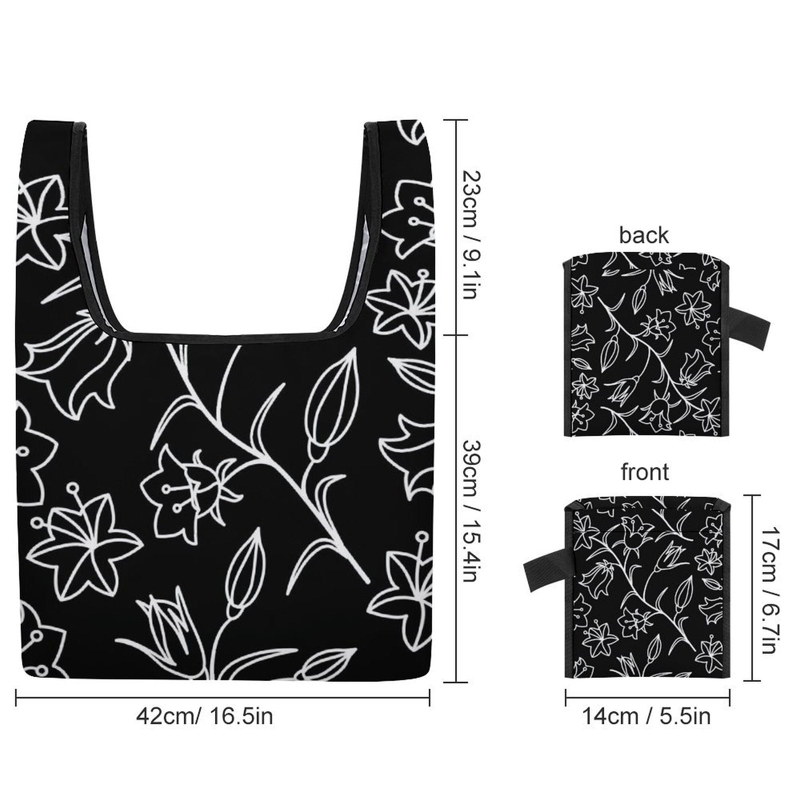Black And White Floral - Collapsible Shopping Bag