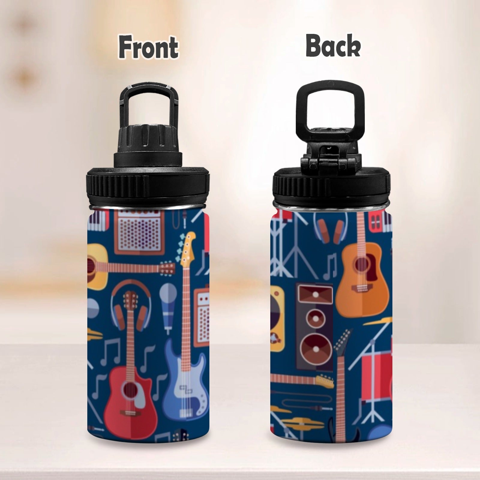 Music Instruments Blue - Kids Water Bottle with Chug Lid (12 oz) Kids Water Bottle with Chug Lid Music Printed Offshore
