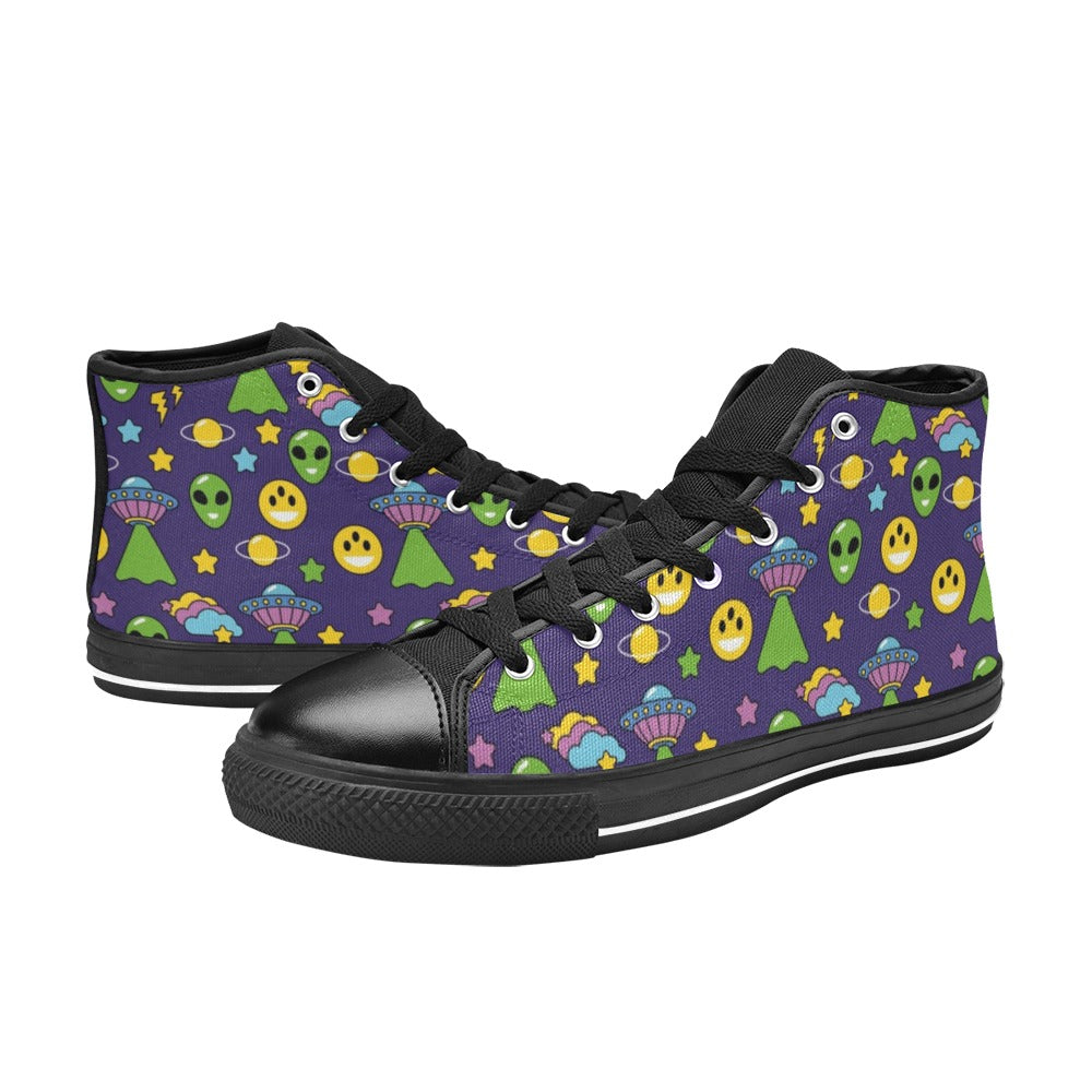 Groovy Alien And UFO Men's High Top Canvas Shoes Men's Classic High Top Canvas Shoes Printed Offshore Retro Sci Fi