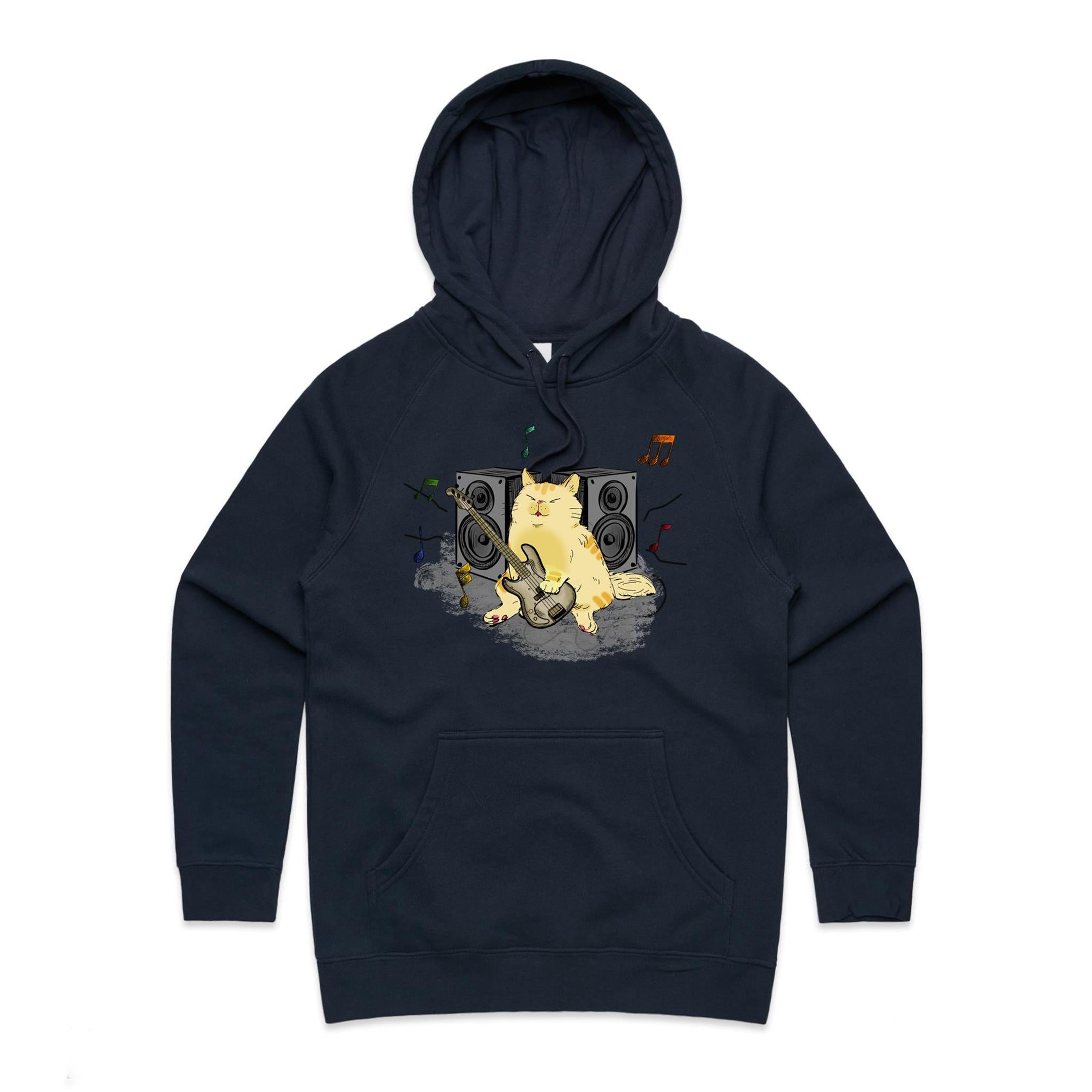 Cat Bass Player - Womens Hoodie Navy Womens Hoodie animal Music Printed In Australia