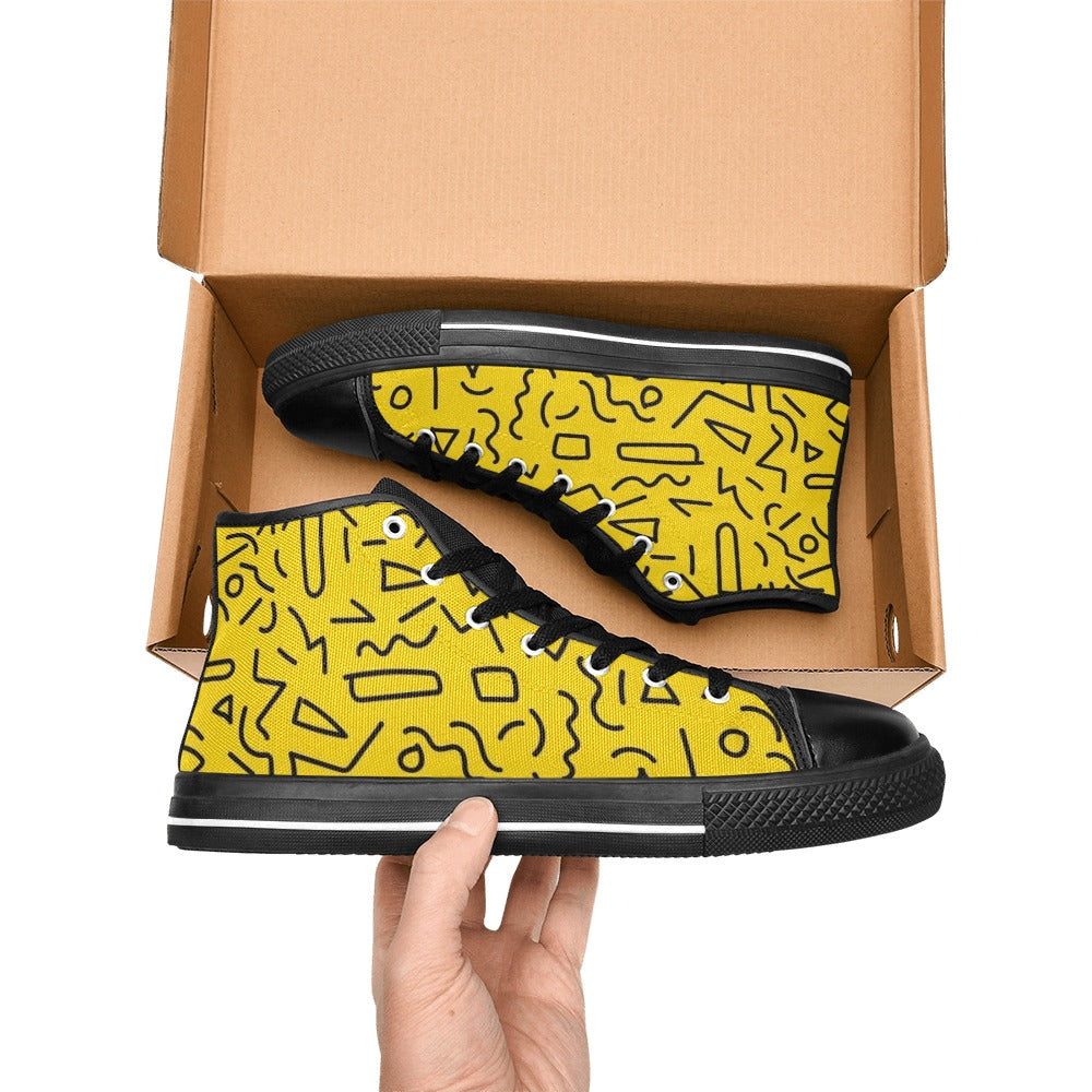 Black Squiggle On Yellow Women's High Top Canvas Shoes Womens Classic High Top Shoes Printed Offshore Retro