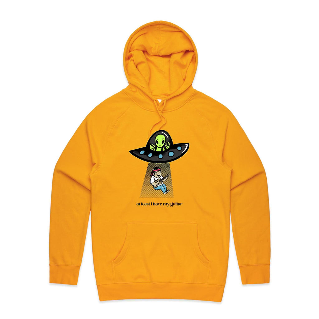 Guitarist Alien Abduction, At Least I Have My Guitar - Mens Hoodie Gold Mens Hoodie Music Printed In Australia Sci Fi