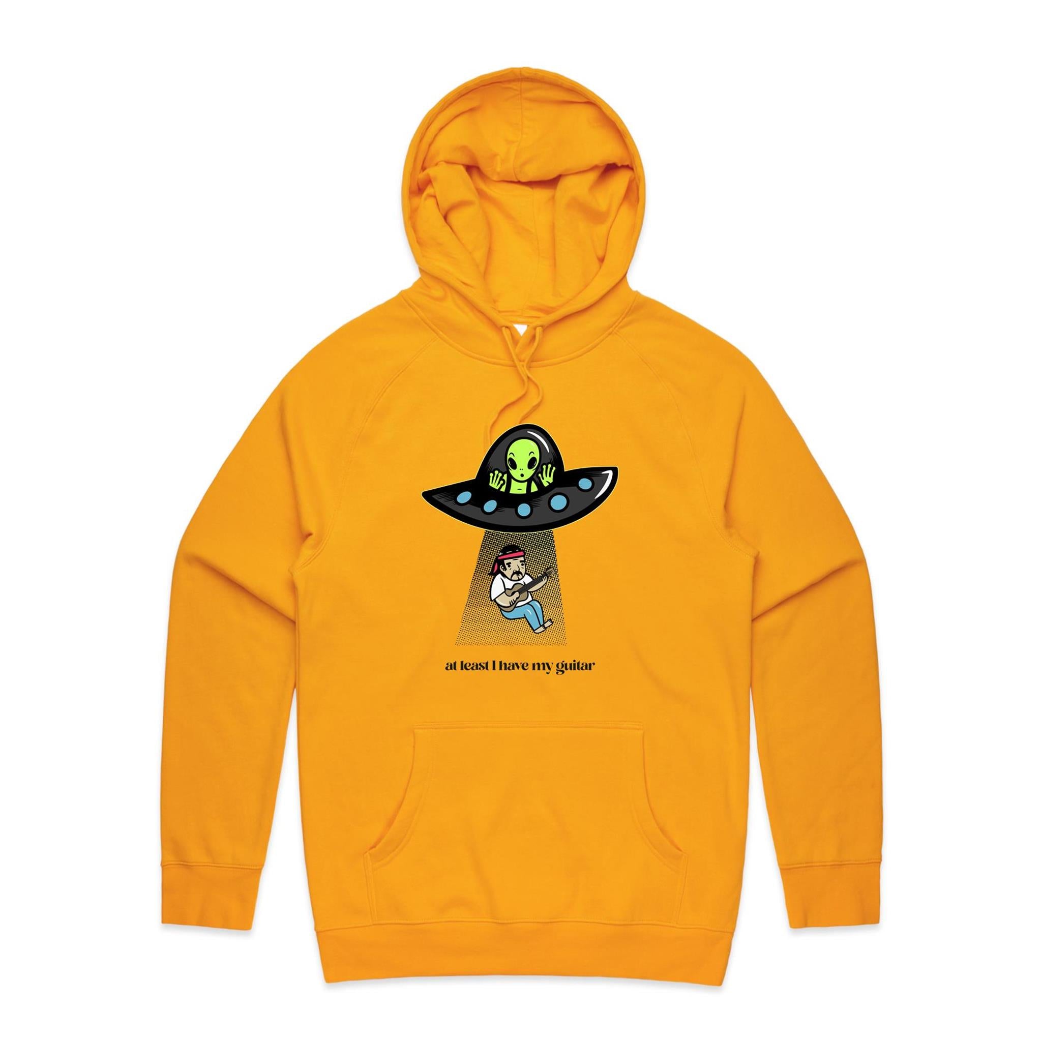 Guitarist Alien Abduction, At Least I Have My Guitar - Mens Hoodie Gold Mens Hoodie Music Printed In Australia Sci Fi