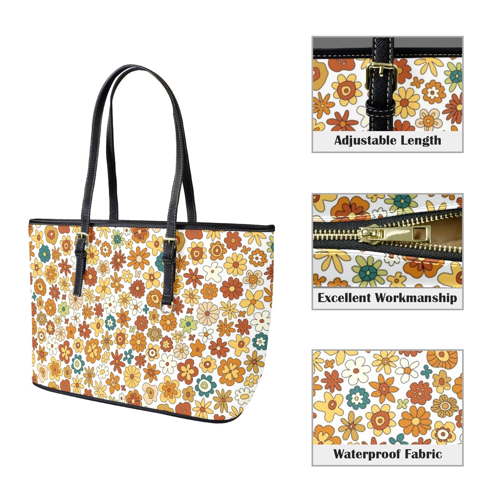 70's Style Floral PU Leather Tote Bag Large