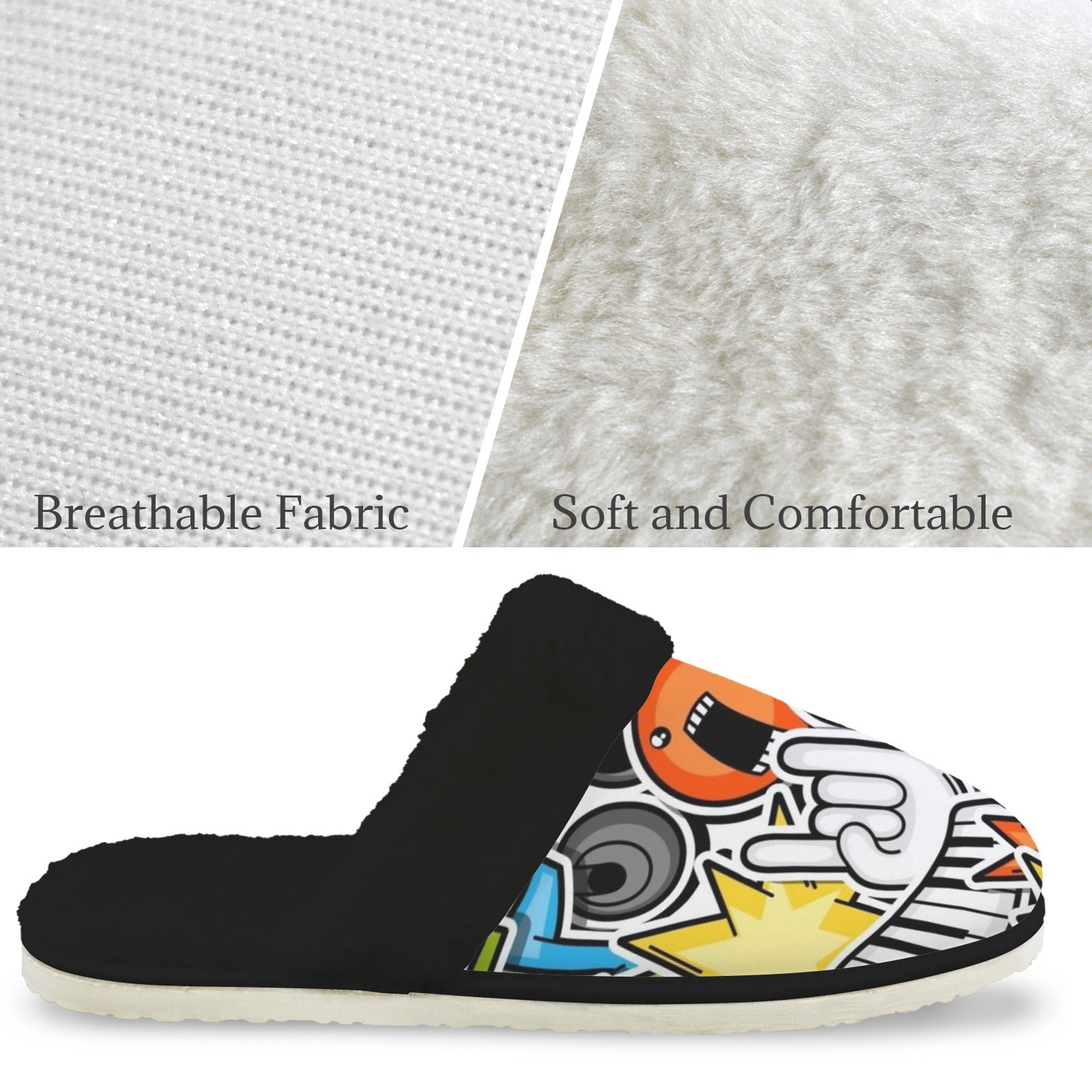Sticker Music Men's Fur Trim Thick-Sole Indoor Slippers Men's Fur Trimmed Slippers Music Printed Offshore