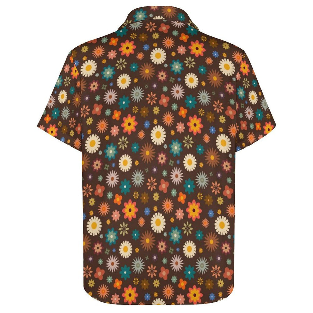 Abstract Floral On Brown Women's Collared Pocketless Short Sleeve Shirt