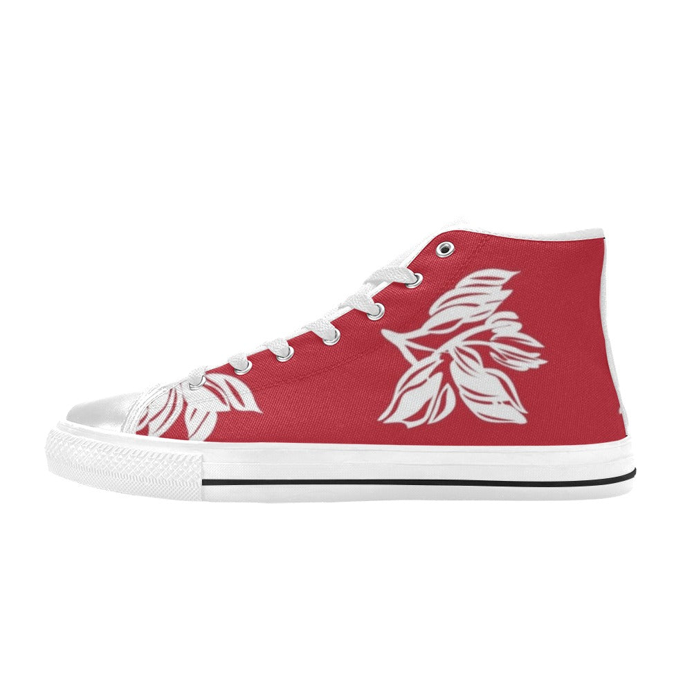 Red Retro Foliage, Hawaiian Flower - Kids High Top Canvas Shoes