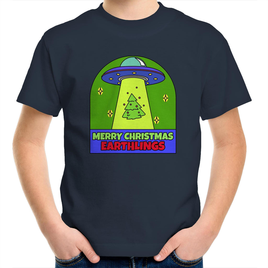 Merry Christmas Earthlings, UFO - Kids Youth T-Shirt Navy Kids Christmas T-shirt Christmas Printed In Australia