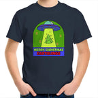 Merry Christmas Earthlings, UFO - Kids Youth T-Shirt Navy Kids Christmas T-shirt Christmas Printed In Australia