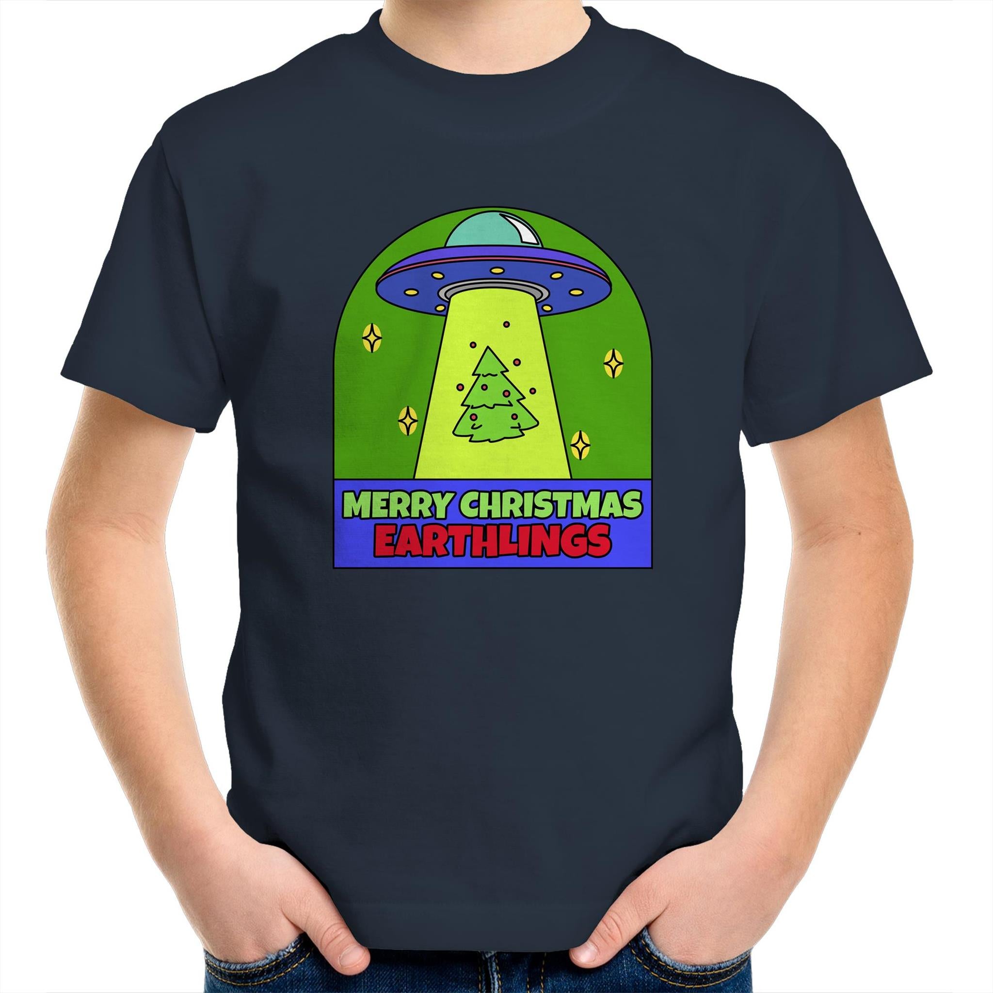 Merry Christmas Earthlings, UFO - Kids Youth T-Shirt Navy Kids Christmas T-shirt Christmas Printed In Australia