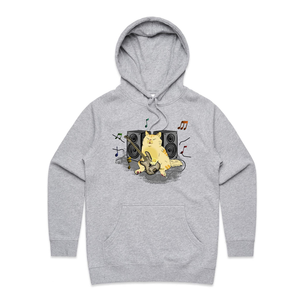 Cat Bass Player - Womens Hoodie Grey Marle Womens Hoodie animal Music Printed In Australia