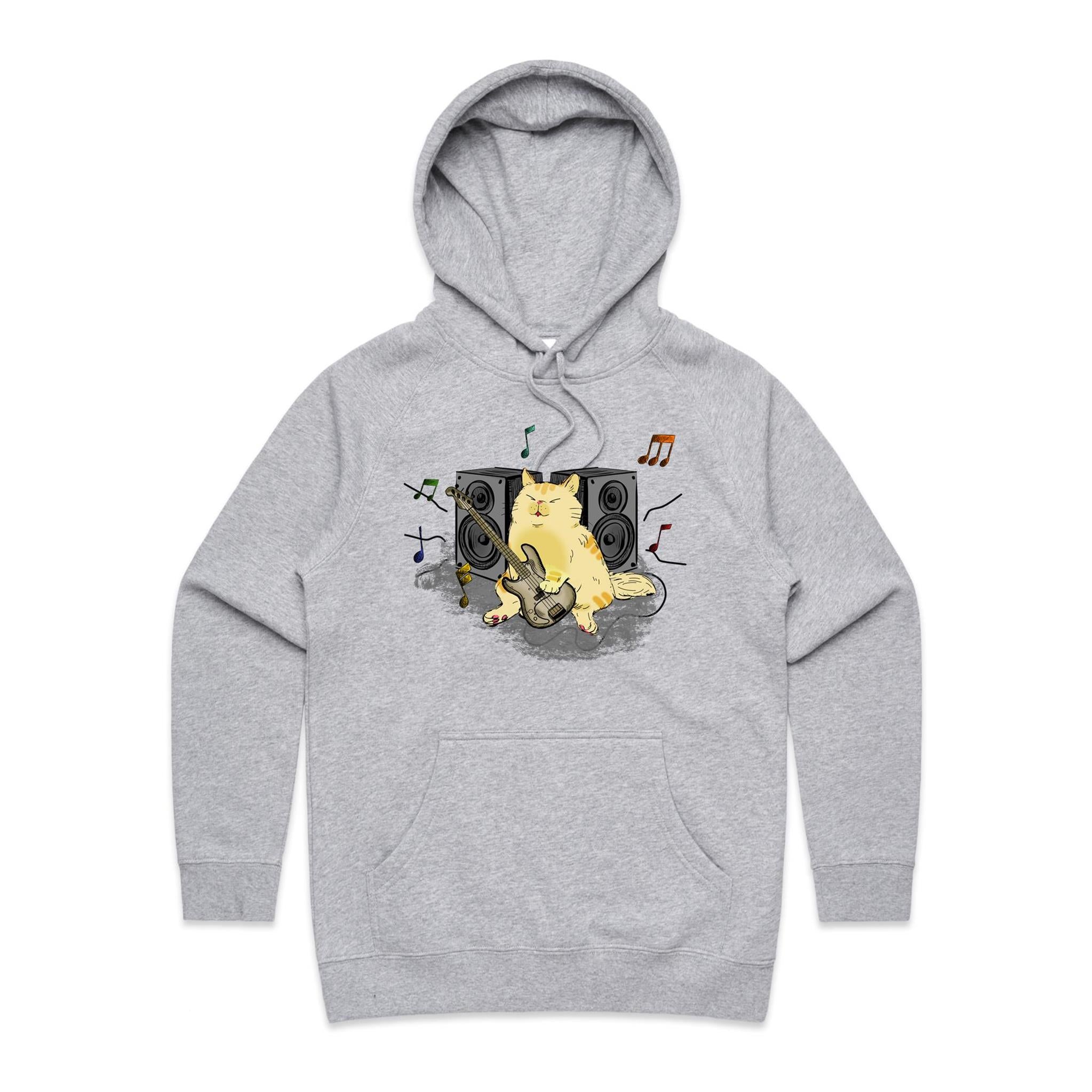 Cat Bass Player - Womens Hoodie Grey Marle Womens Hoodie animal Music Printed In Australia