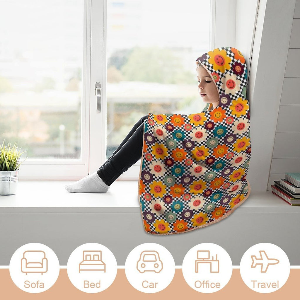 Happy Retro Flowers Kids Hooded Blanket 100cm x 130cm Kids Hooded Blanket Printed Offshore Retro