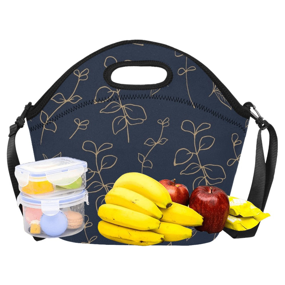 Gold Flowers On Navy Neoprene Lunch Bag/Large (Model 1669) Neoprene Lunch Bag Plants Printed Offshore