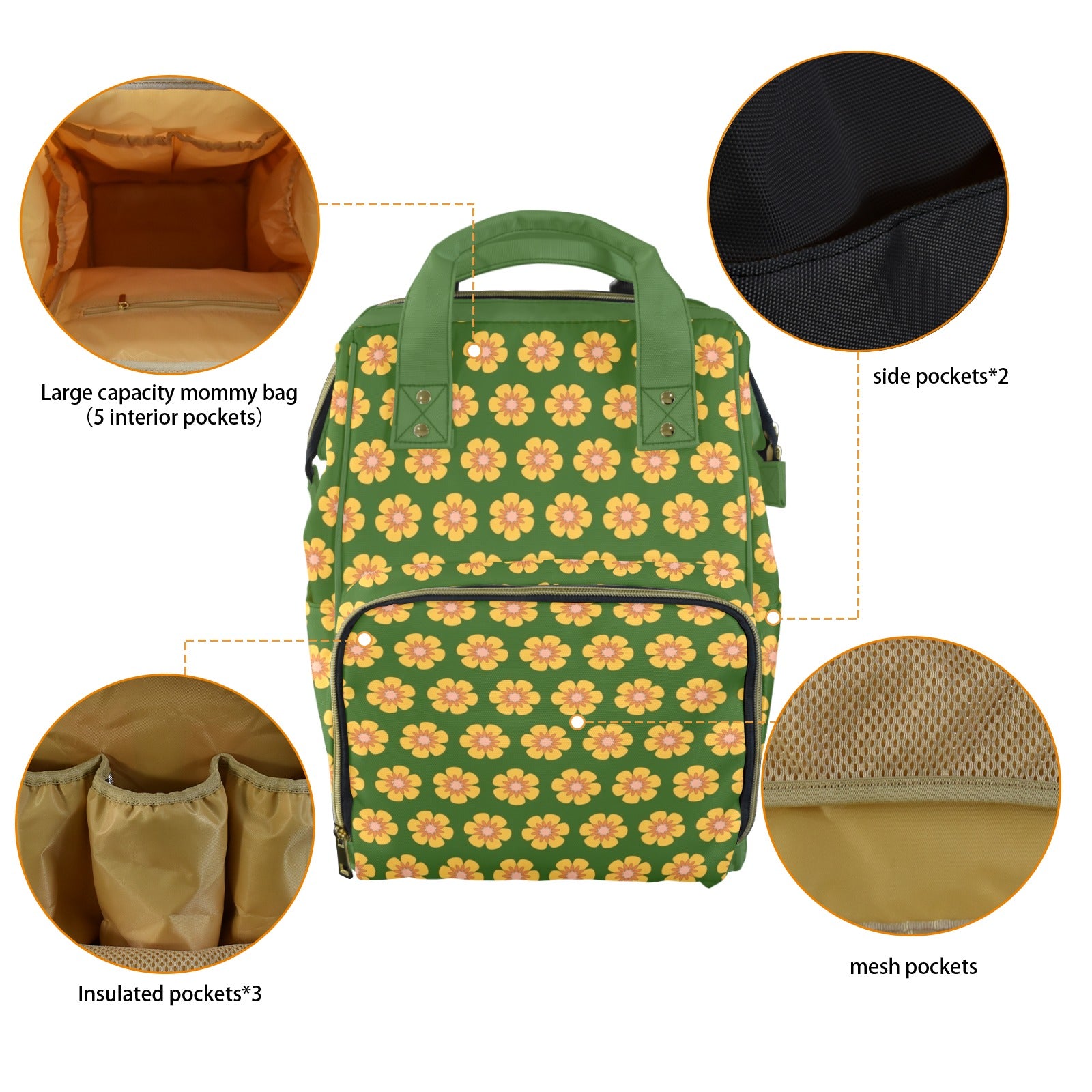 Yellow Flowers On Green Multi-Function Backpack, Nappy / Diaper Bag Multi-function Backpack, Nappy / Diaper Bag Plants Printed Offshore