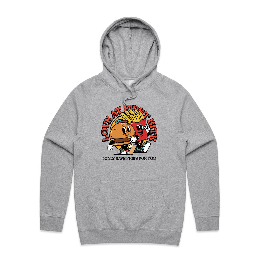 Love At First Bite, Hamburger And Fries - Mens Hoodie Grey Marle Mens Hoodie Food Printed In Australia