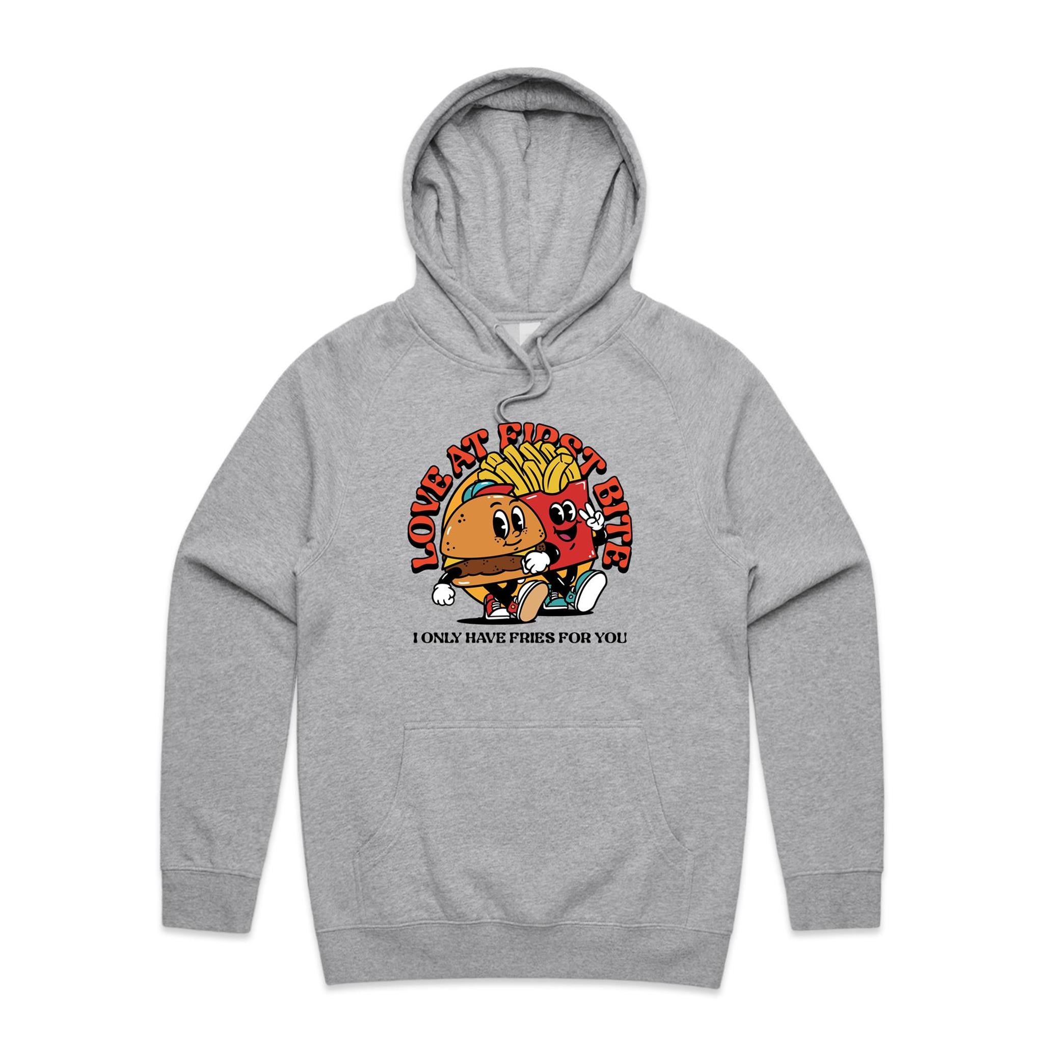Love At First Bite, Hamburger And Fries - Mens Hoodie Grey Marle Mens Hoodie Food Printed In Australia