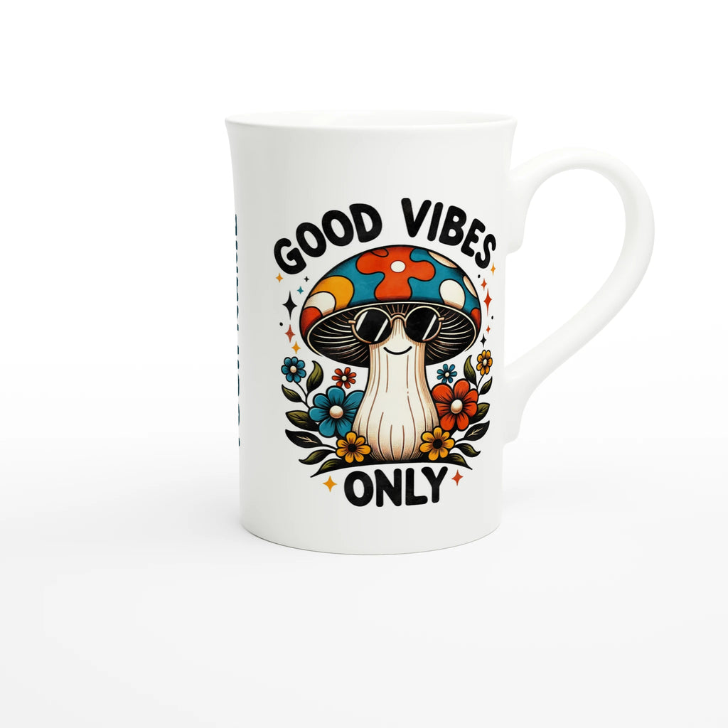 Personalised Good Vibes Only, Hippie Mushroom With Sunglasses White 10oz Porcelain Slim Mug Personalised Porcelain Mug Globally Fulfilled