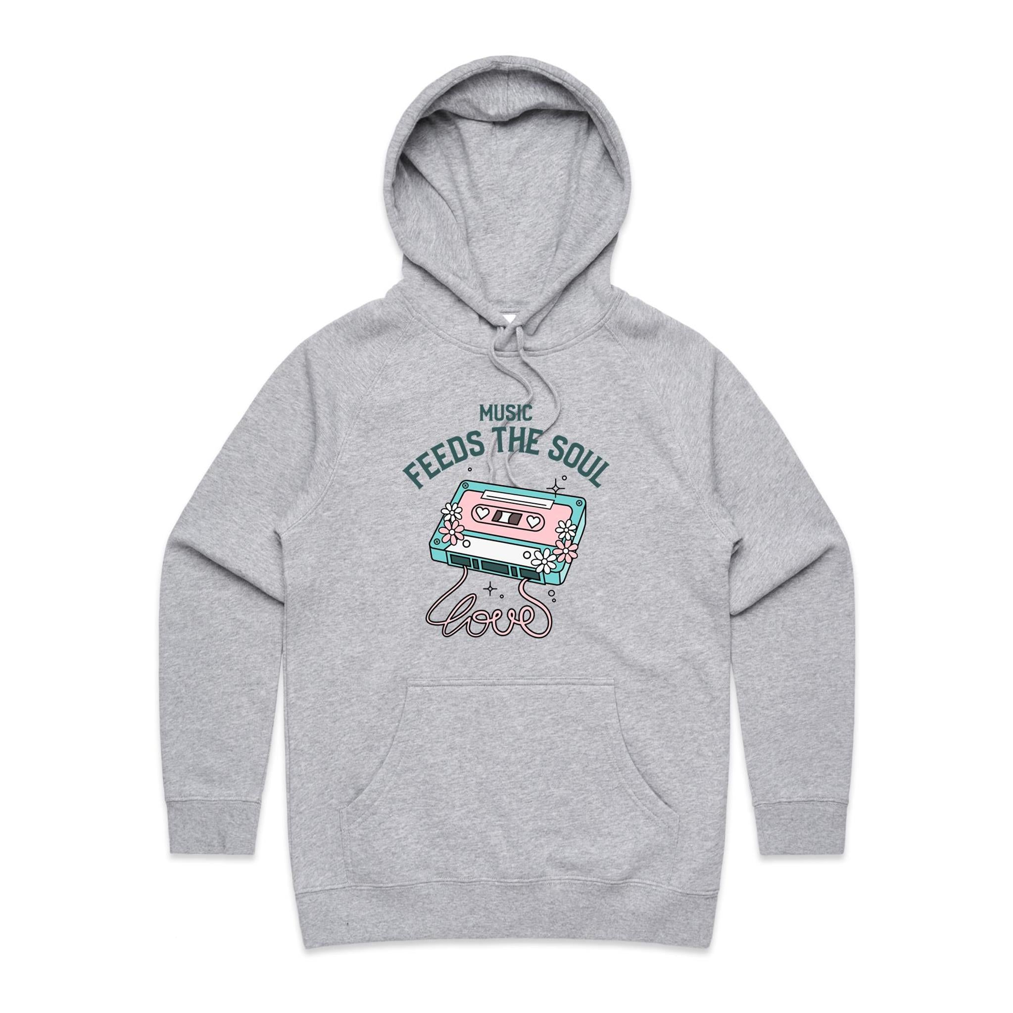 Music Feeds The Soul, Cassette Tape - Womens Hoodie Grey Marle Womens Hoodie Music Printed In Australia
