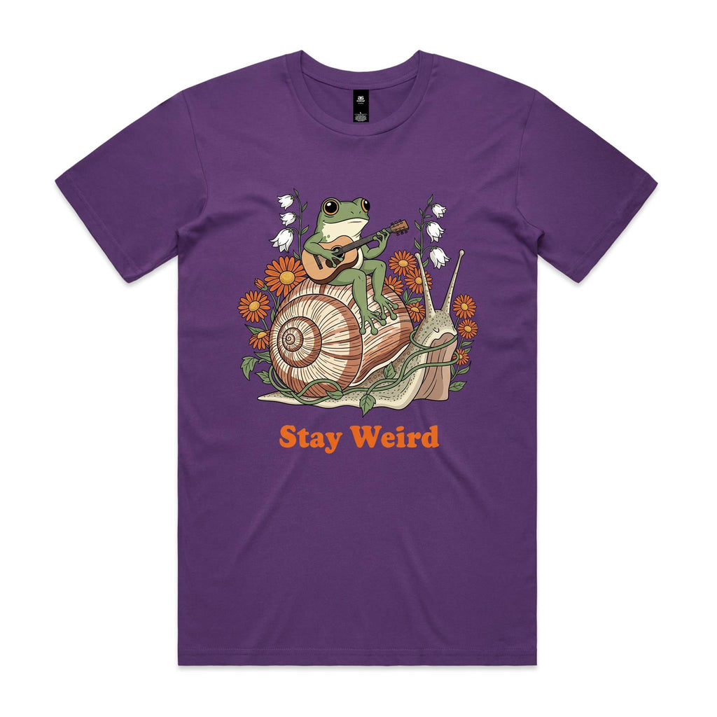 Stay Weird, Guitar Playing Frog On A Snail Men's AS Colour T-shirt Purple Mens T-shirt animal Music Printed In Australia