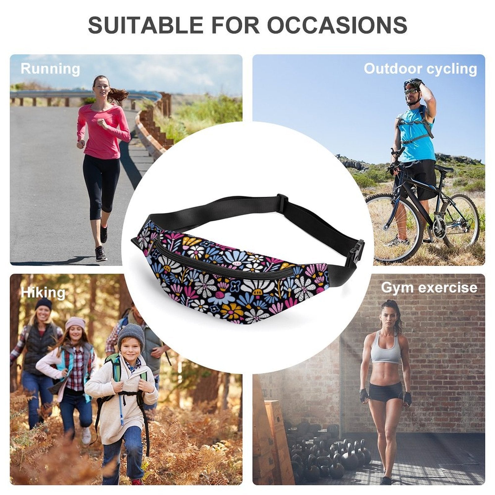 Graphic Flowers On Black - Bum Bag / Fanny Pack