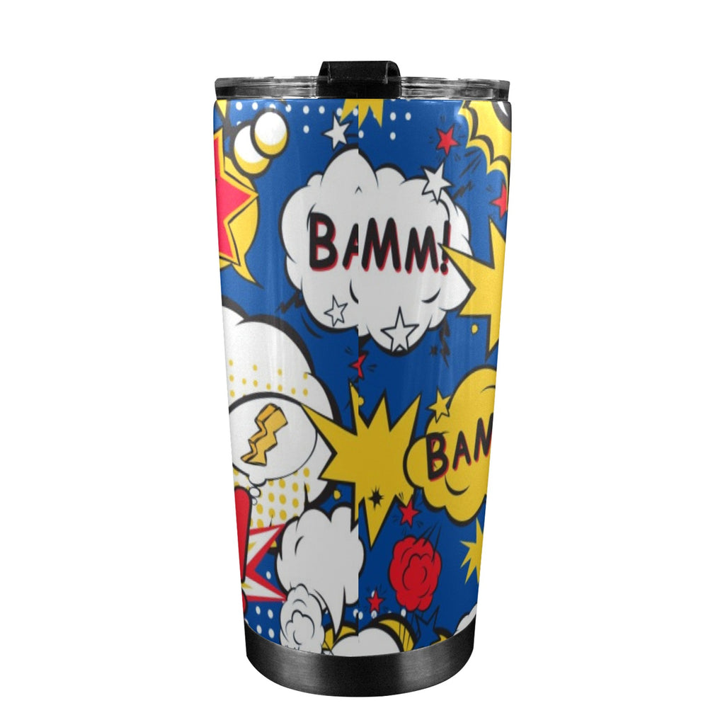 Blue Comic Book - 20oz Mobile Tumbler with Lid (Black Lock) 20oz Travel Mug comic Printed Offshore