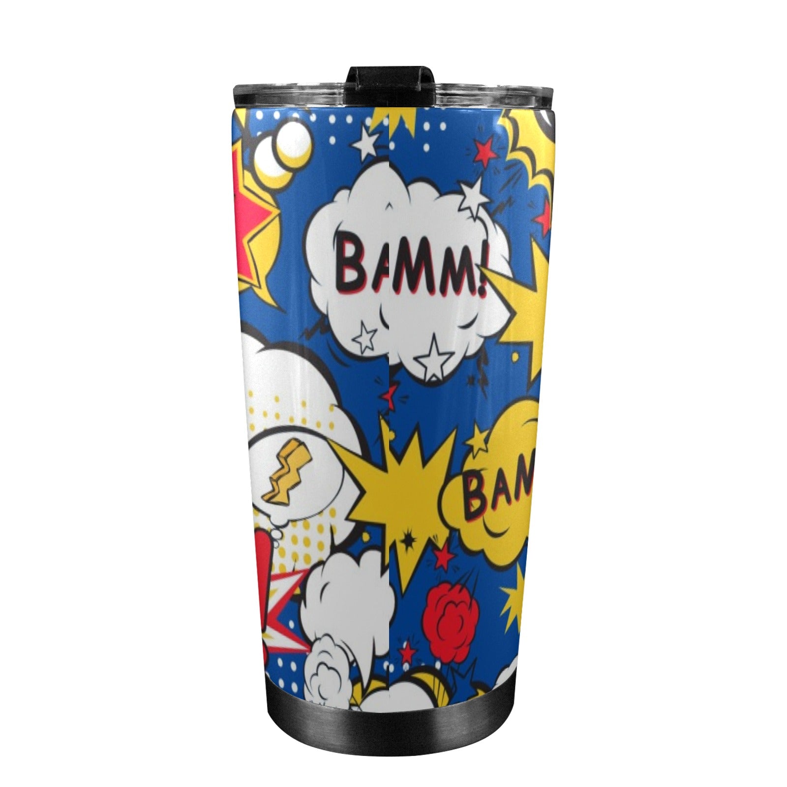 Blue Comic Book - 20oz Mobile Tumbler with Lid (Black Lock) 20oz Travel Mug comic Printed Offshore