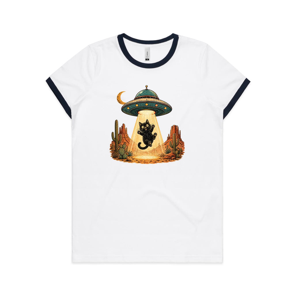 Black Cat Alien UFO Abduction Women's AS Colour Ringer Tee