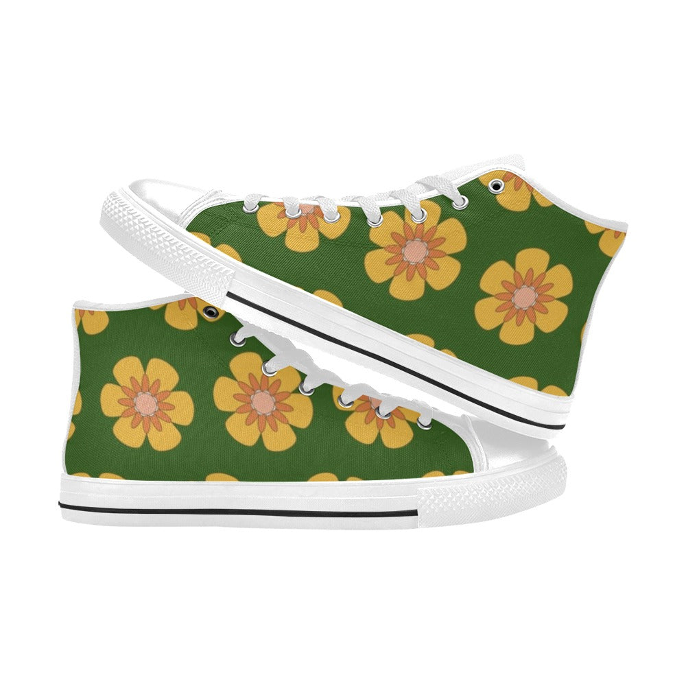 Yellow Flowers On Green Kids High Top Canvas Shoes Kids High Top Canvas Shoes Plants Printed Offshore