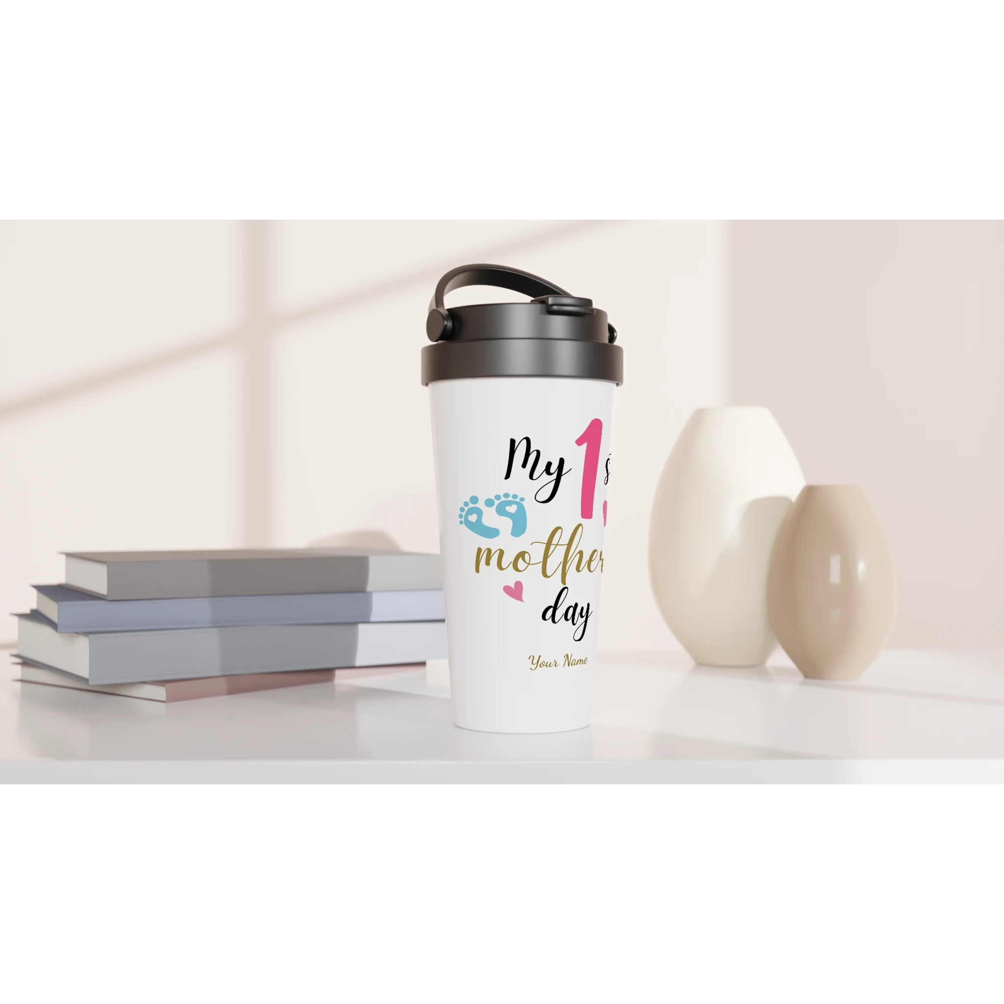 Personalised - My First Mother's Day - White 15oz Stainless Steel Travel Mug Personalised Travel Mug customise Globally Fulfilled Mum personalise