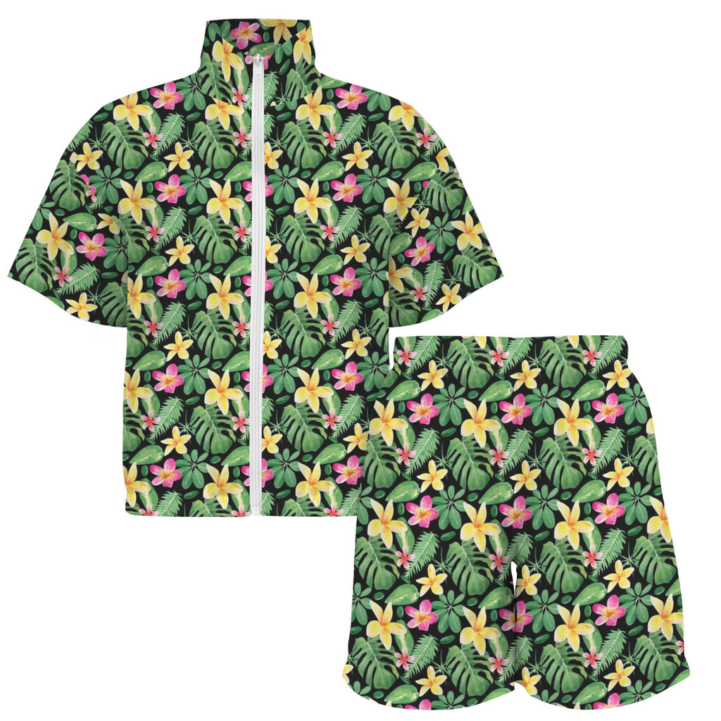 Frangipani Women's Windbreaker Short Set Women's Windbreaker Short Set Plants Printed Offshore