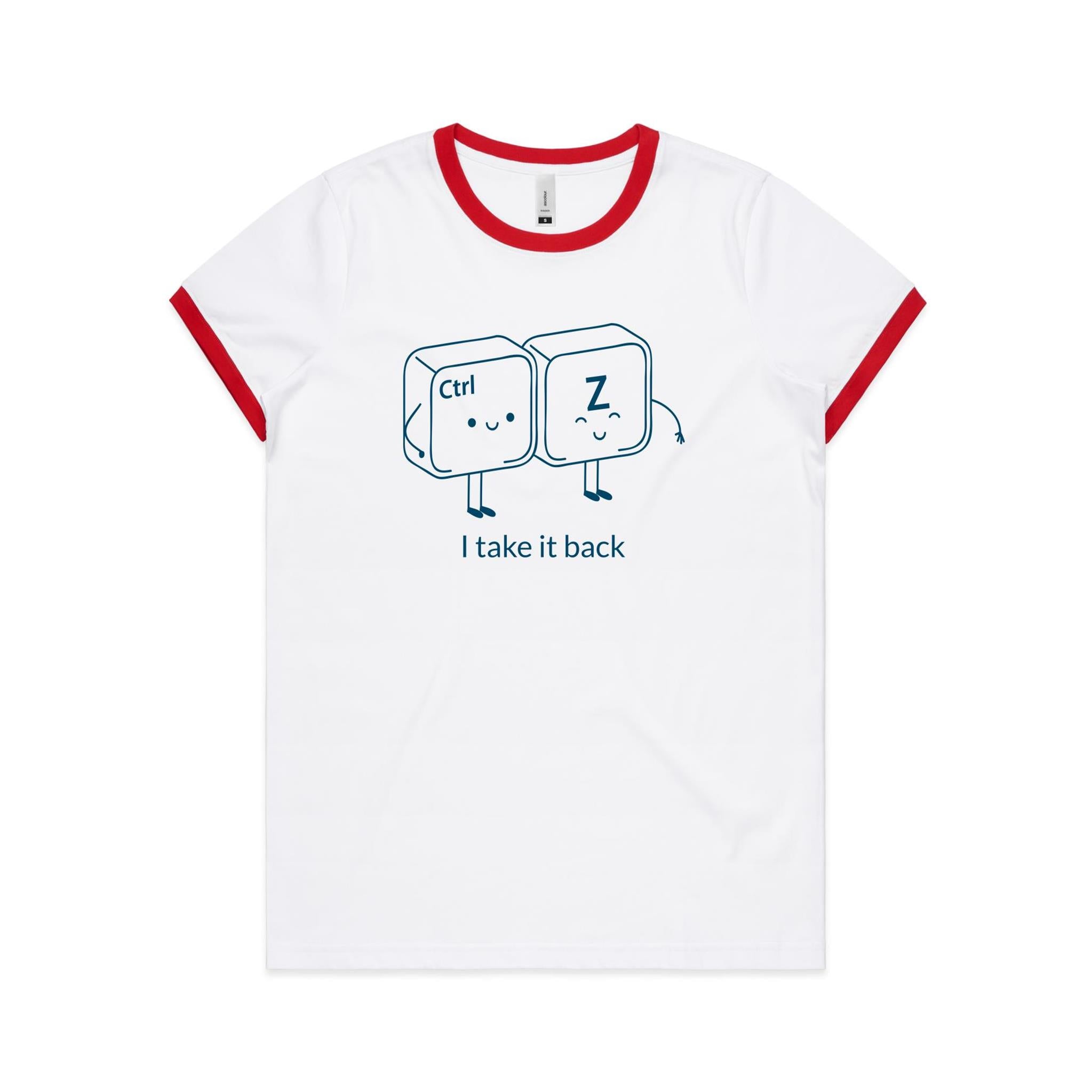 Ctr Z, I Take It Back, Computer Keyboard - Women's Ringer Tee White Red Womens Ringer T-shirt Printed In Australia Tech