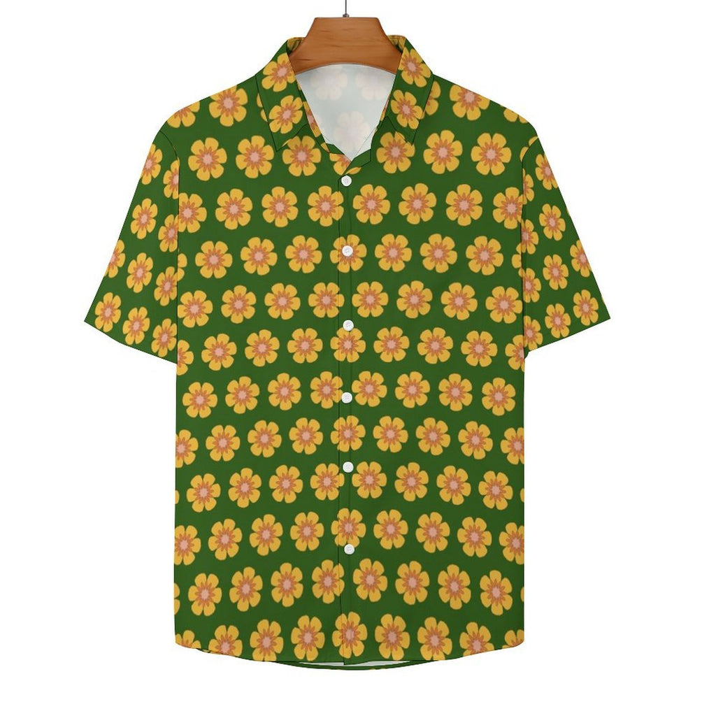 Yellow Flowers On Green Women's Collared Pocketless Short Sleeve Shirt