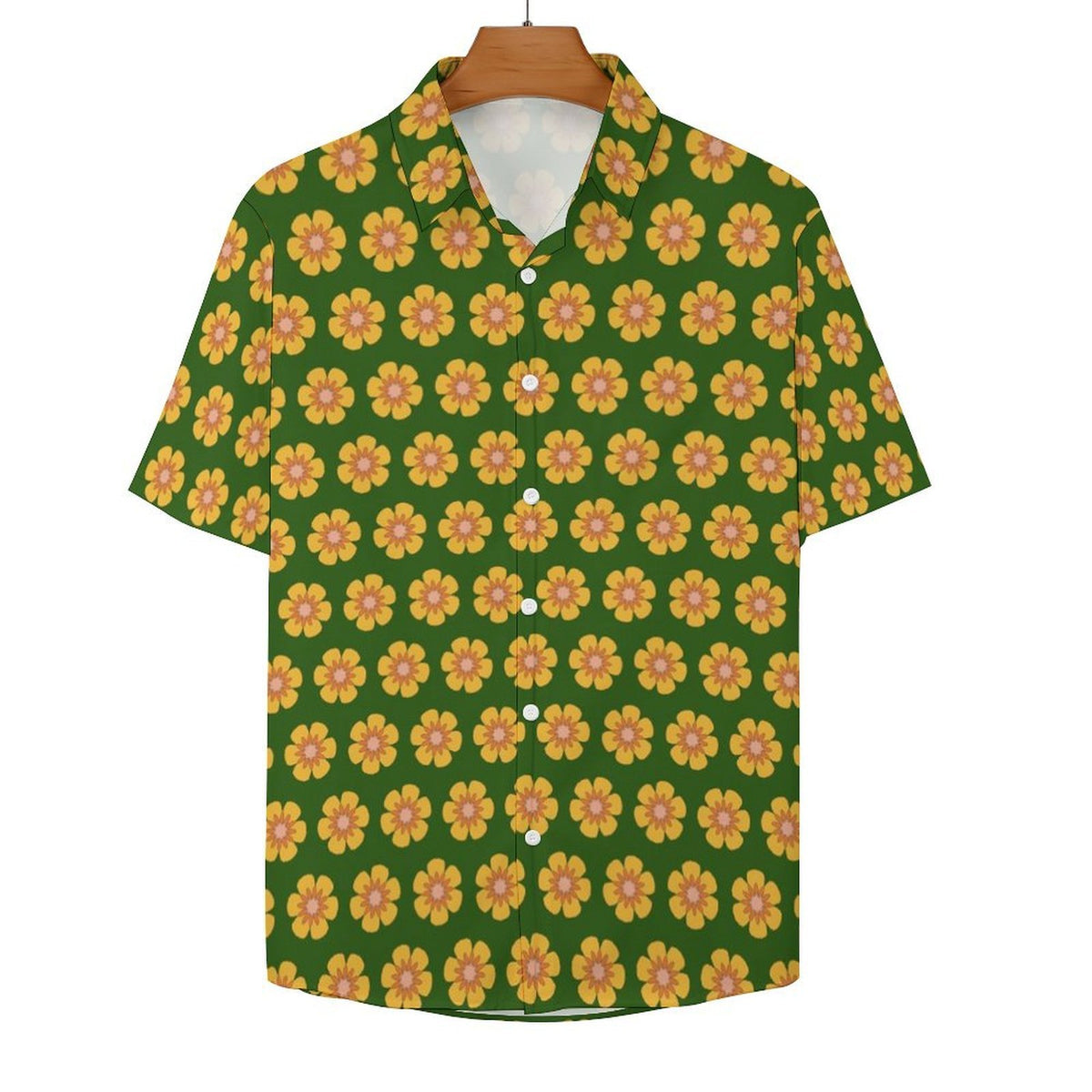 Yellow Flowers On Green Women's Collared Pocketless Short Sleeve Shirt