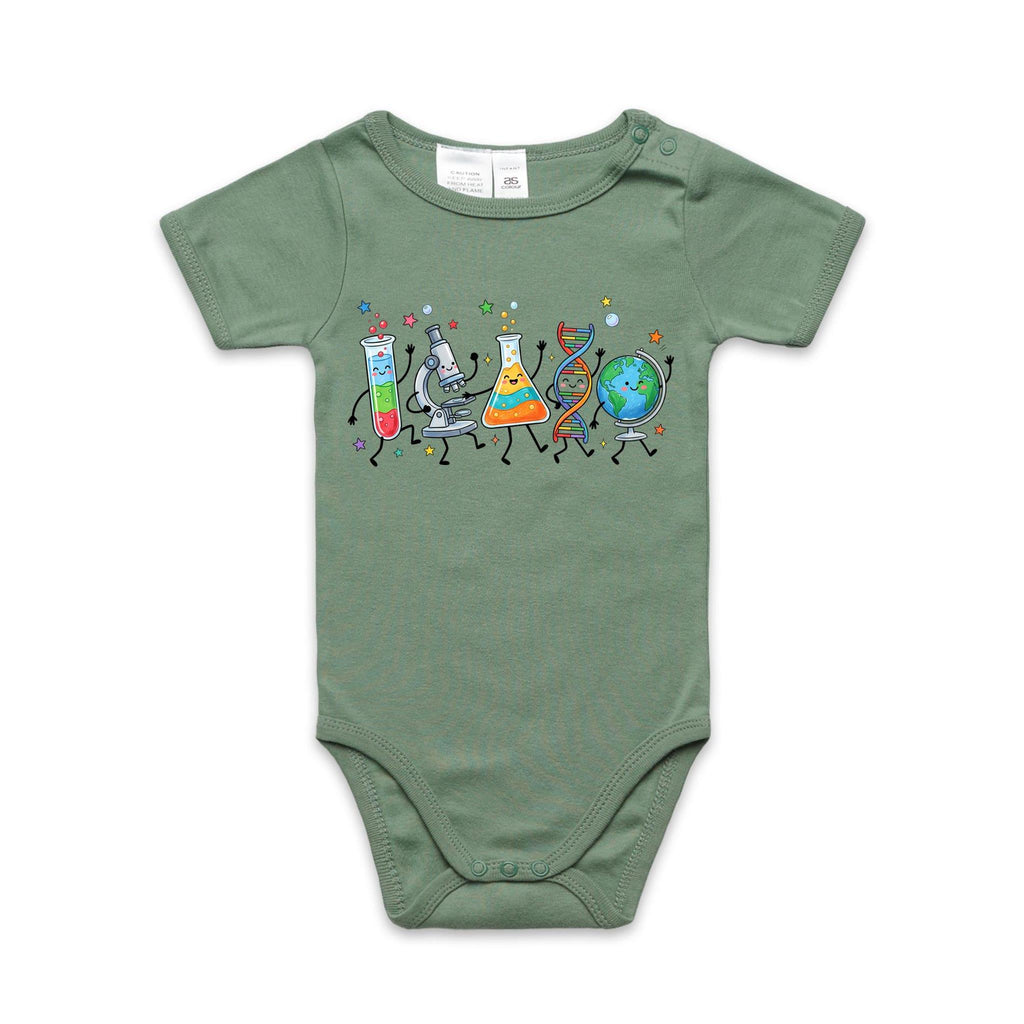 Science Characters AS Colour Baby Bodysuit Sage Baby Bodysuit Printed In Australia Science