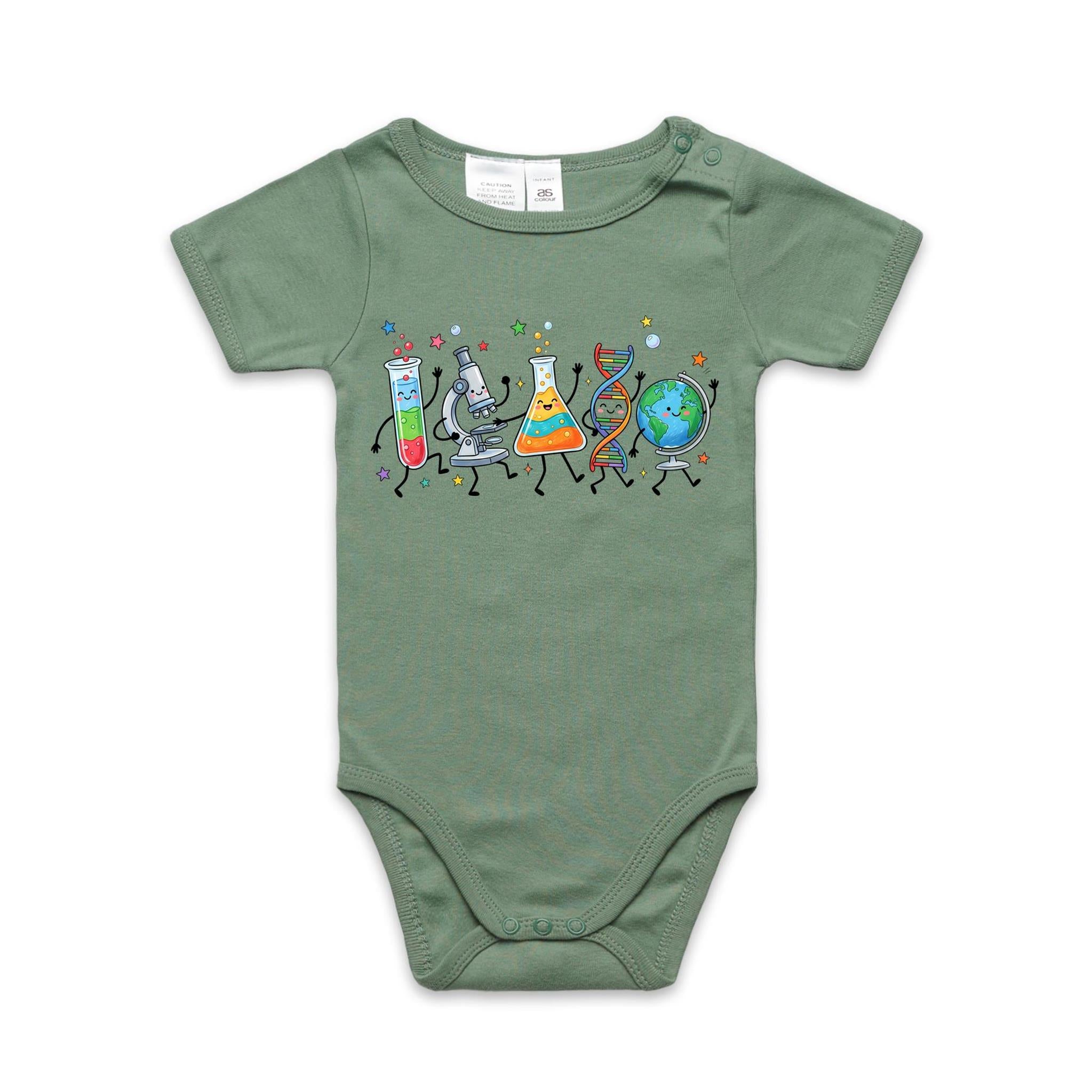 Science Characters AS Colour Baby Bodysuit Sage Baby Bodysuit Printed In Australia Science