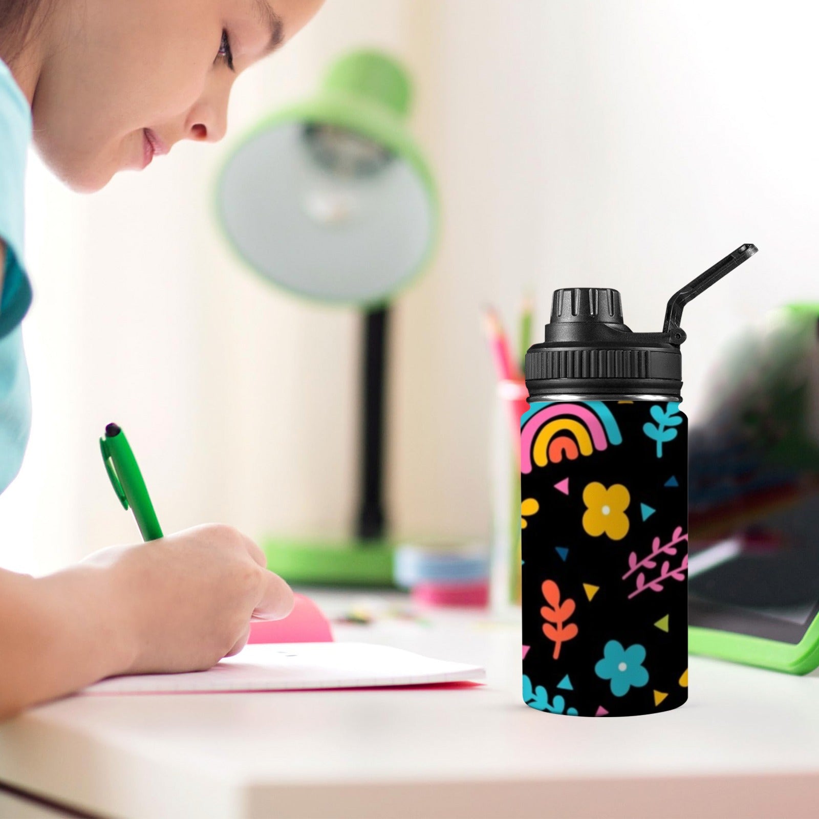 Rainbows And Flowers - Kids Water Bottle with Chug Lid (12 oz)