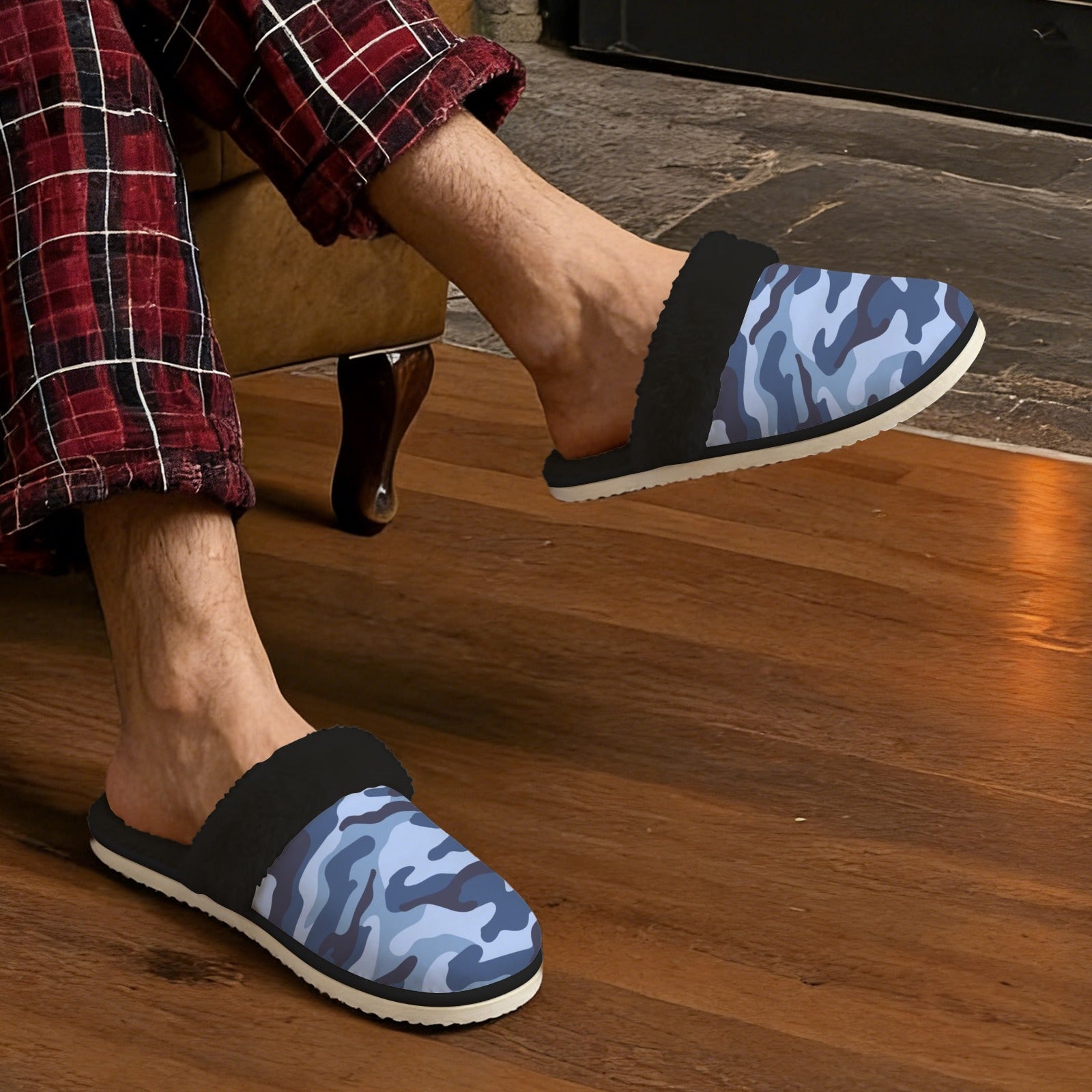 Blue Camouflage Men's Fur Trim Thick-Sole Indoor Slippers Men's Fur Trimmed Slippers Printed Offshore