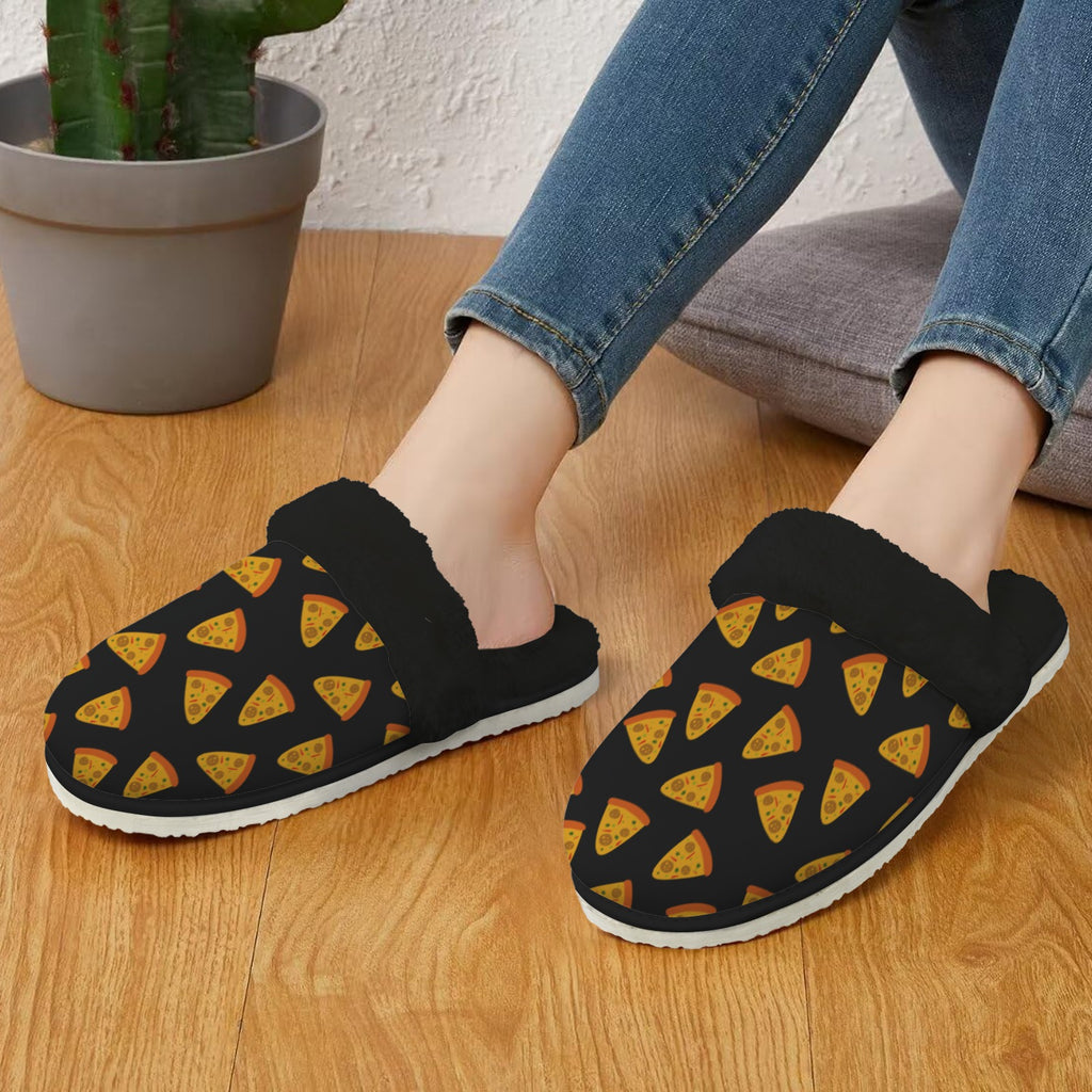 Pizzas Women's Fur Trim Thick-Sole Indoor Slippers Women's Fur Trimmed Slippers Food Printed Offshore