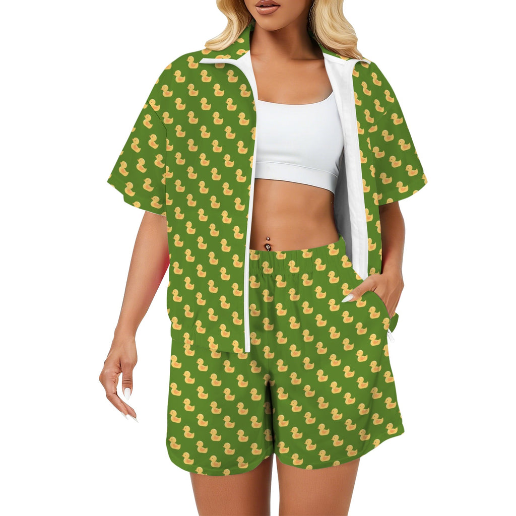 Rubber Ducks On Green Women's Windbreaker Short Set
