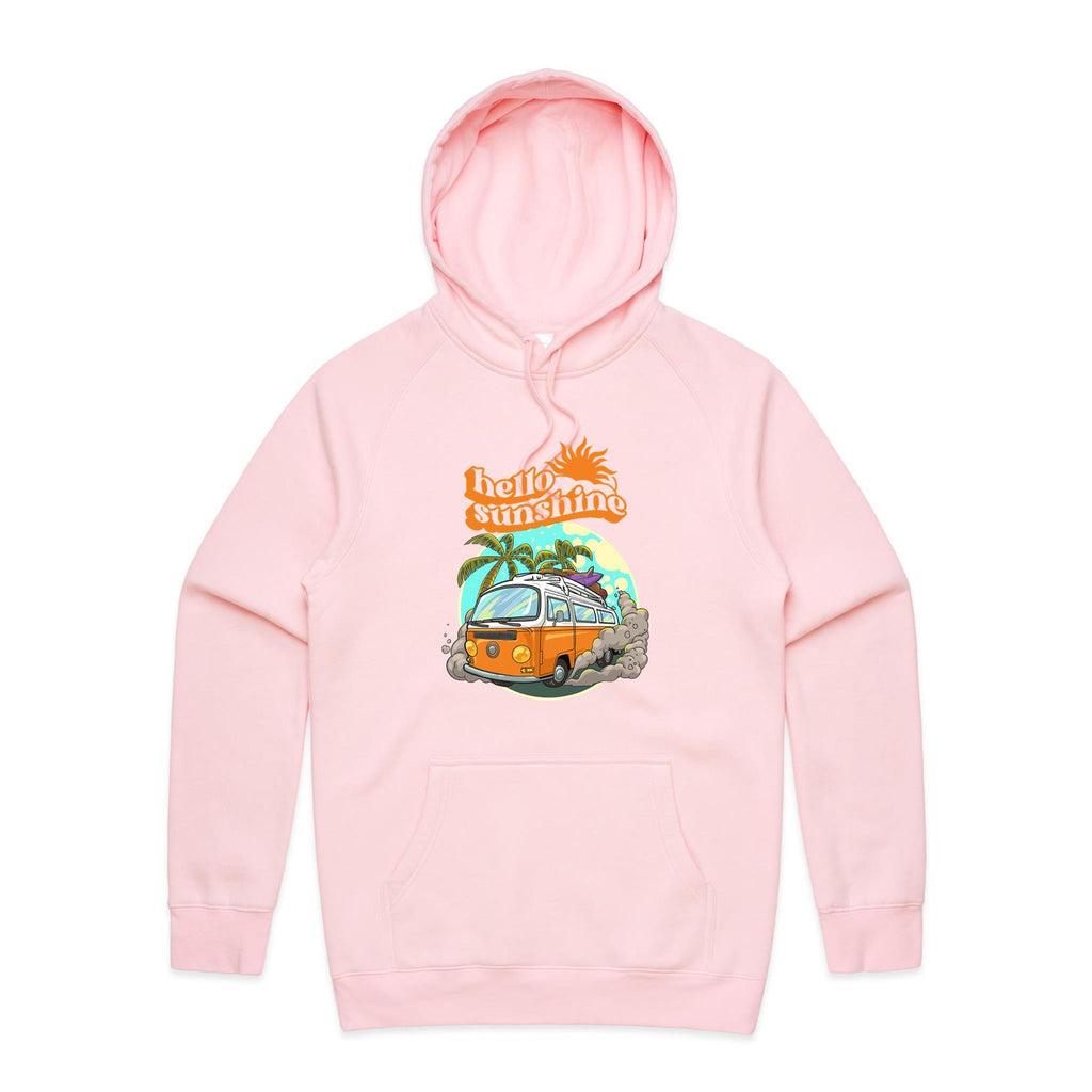 Hello Sunshine, Beach Van - Mens Hoodie Pink Mens Hoodie Printed In Australia Summer