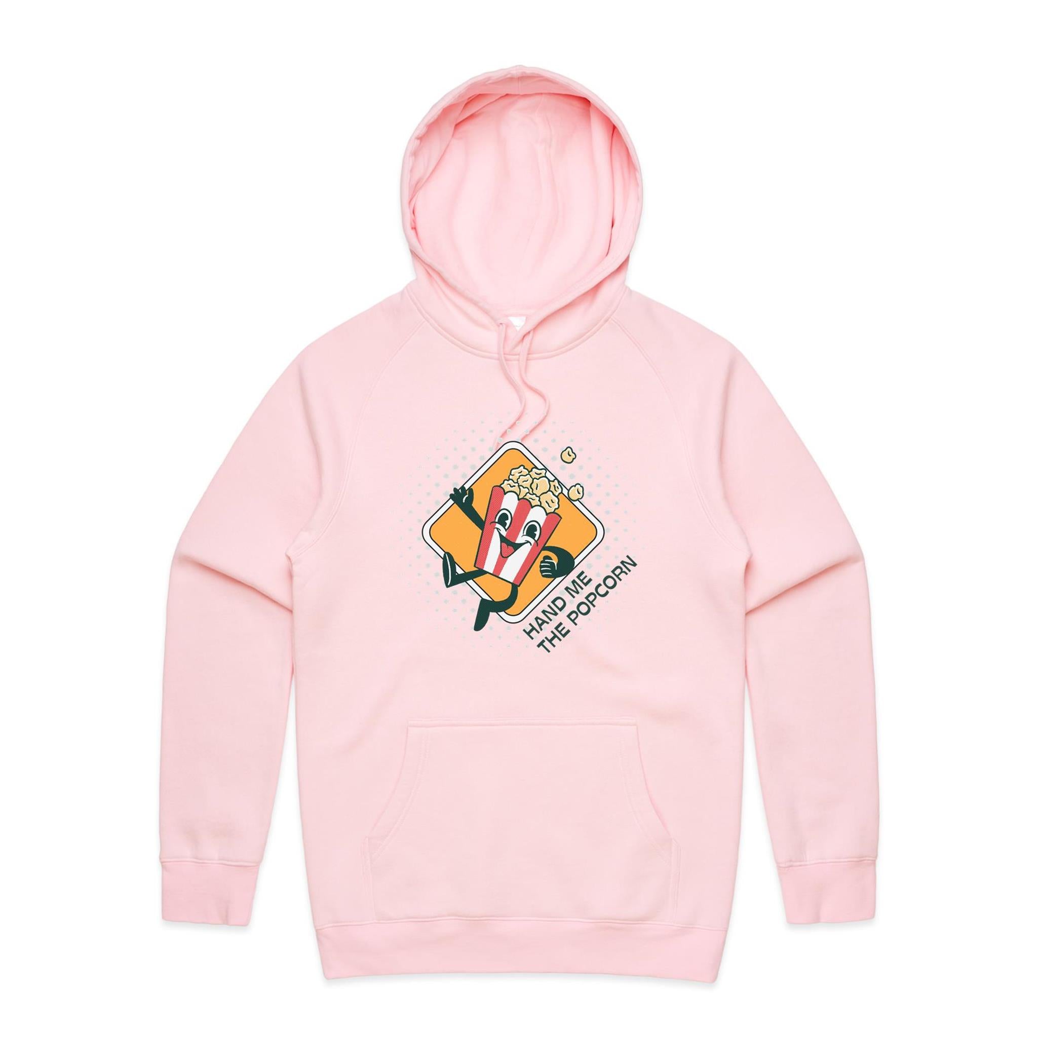 Hand Me The Popcorn - Mens Hoodie Pink Mens Hoodie Food Printed In Australia