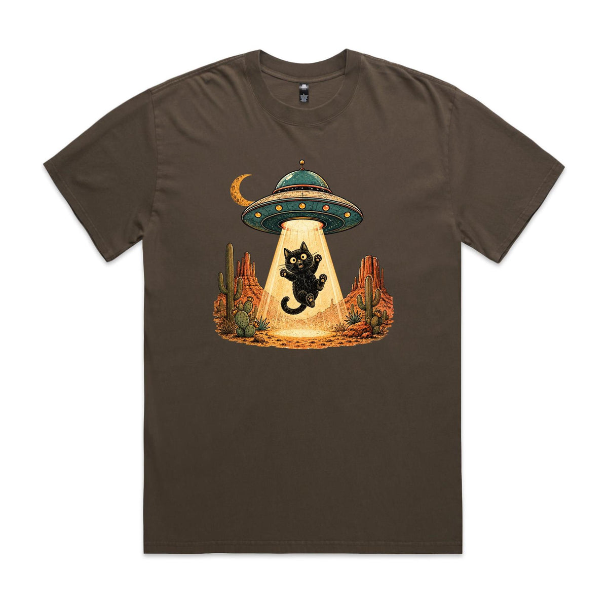 Black Cat Alien UFO Abduction AS Colour Heavy Faded Tee Faded brown Heavy Faded T-shirt animal Printed In Australia Sci Fi