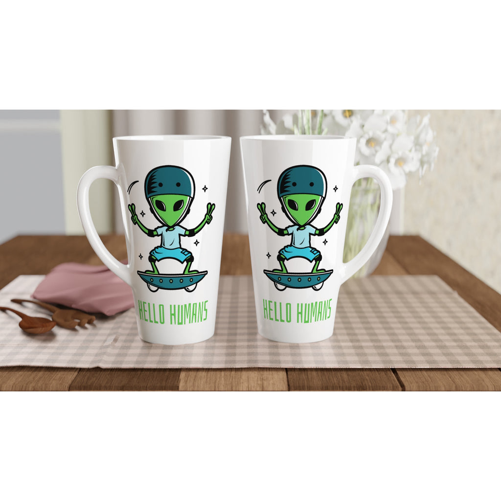 Hello Humans, Alien Skateboard - White Latte 17oz Ceramic Mug Latte Mug Globally Fulfilled Sci Fi