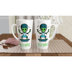Hello Humans, Alien Skateboard - White Latte 17oz Ceramic Mug Latte Mug Globally Fulfilled Sci Fi