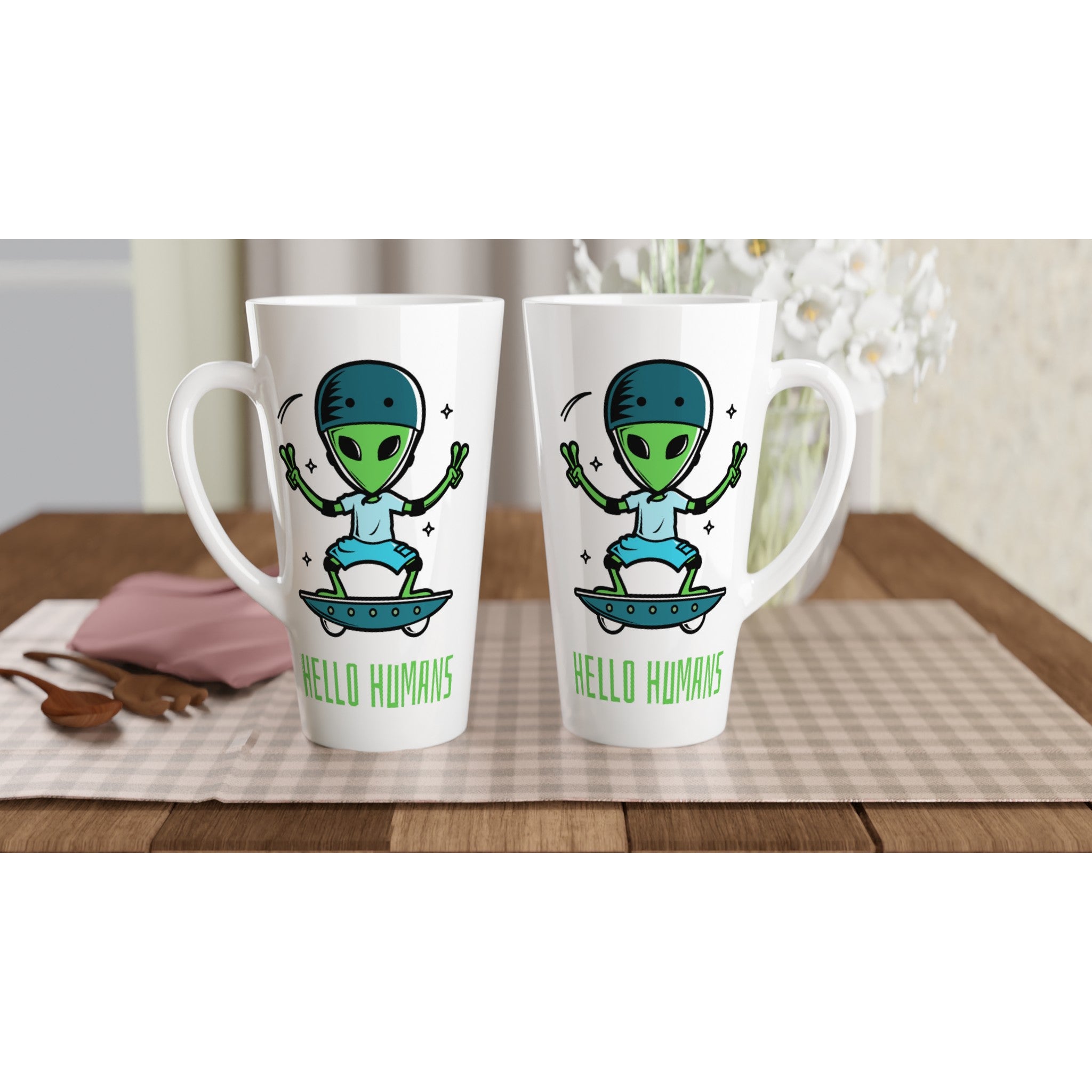 Hello Humans, Alien Skateboard - White Latte 17oz Ceramic Mug Latte Mug Globally Fulfilled Sci Fi