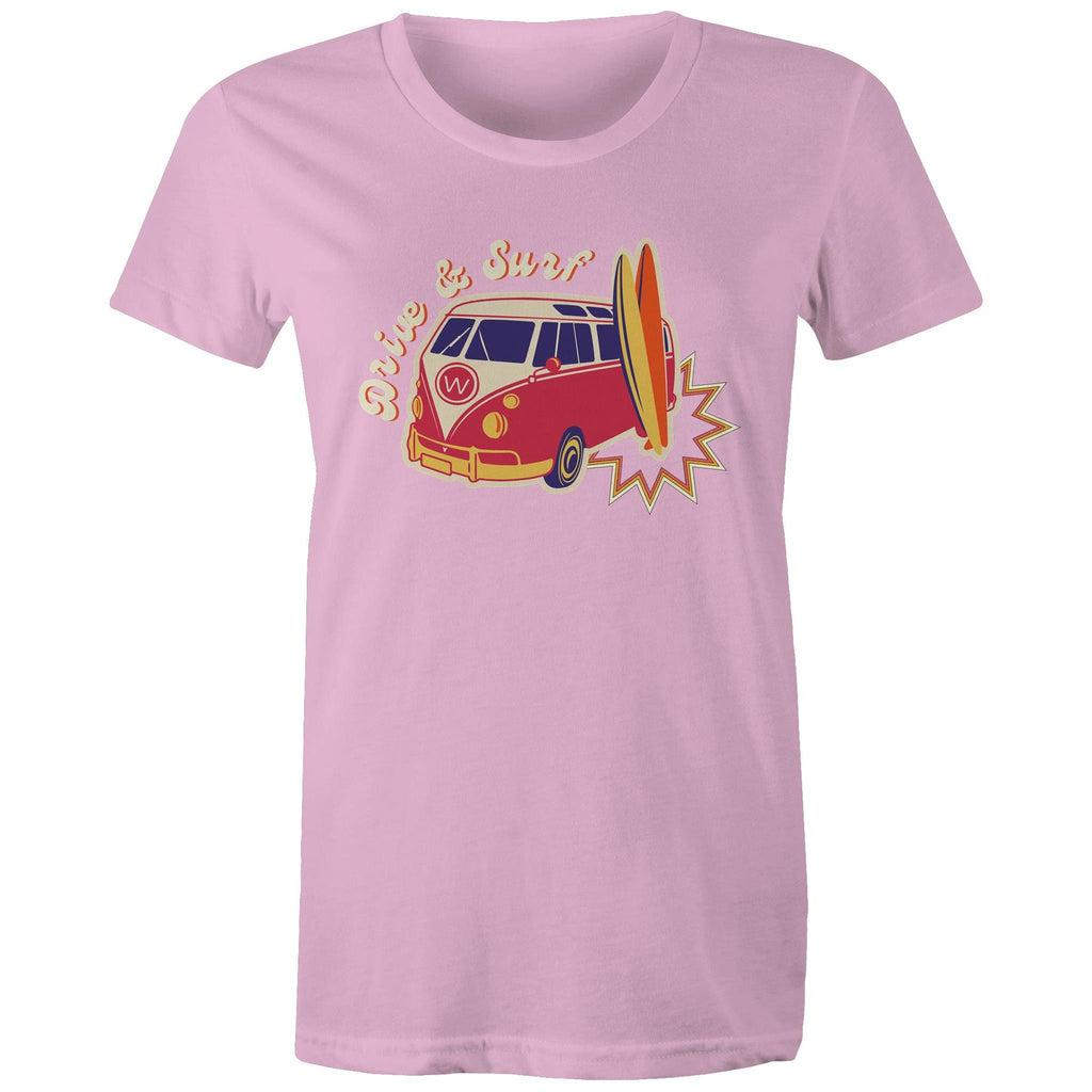 Drive And Surf - Womens T-shirt Pink Womens T-shirt Printed In Australia Summer Surf